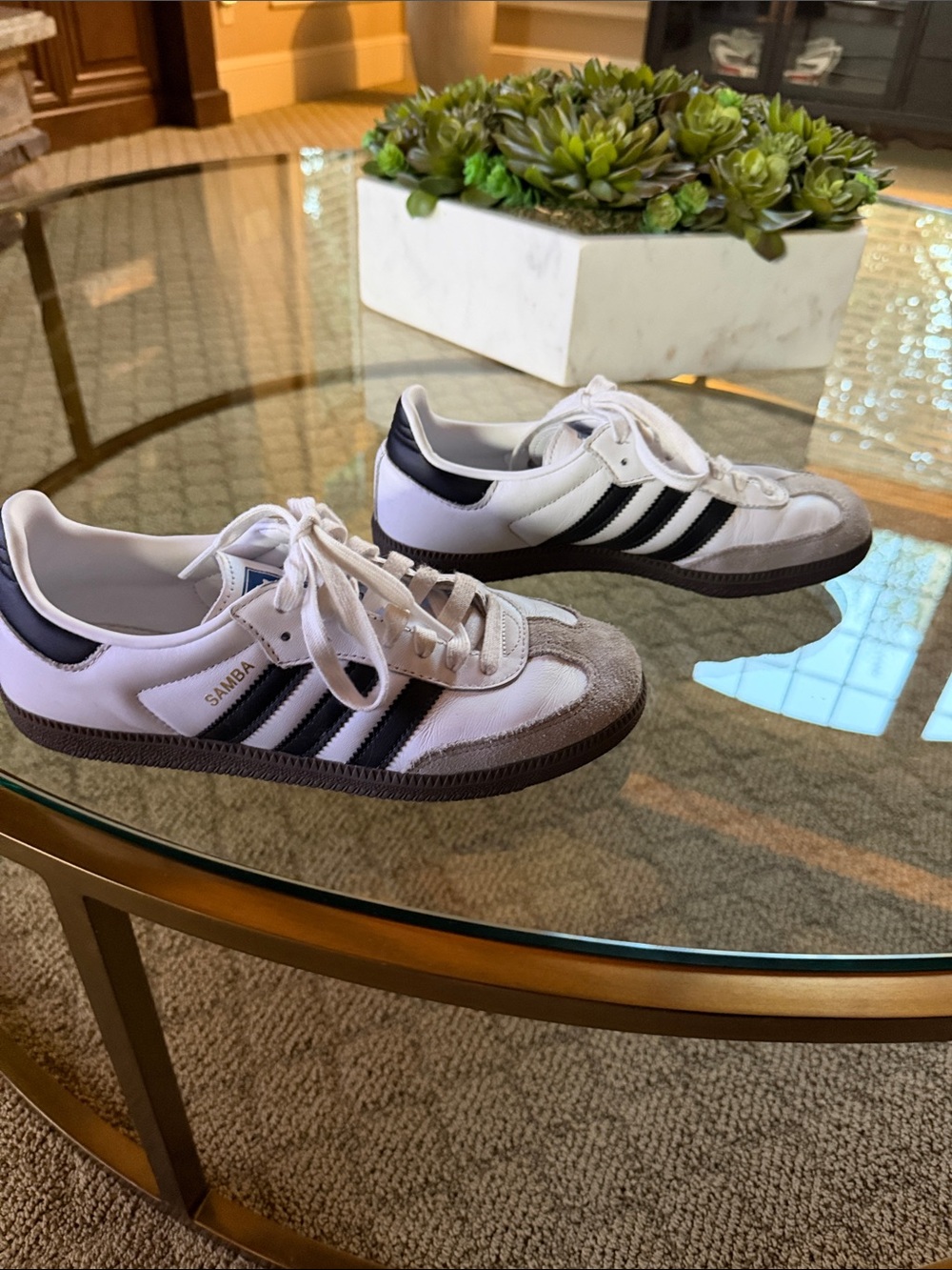 adidas White Samba Sneakers with Black Stripes and Gray Suede Toe